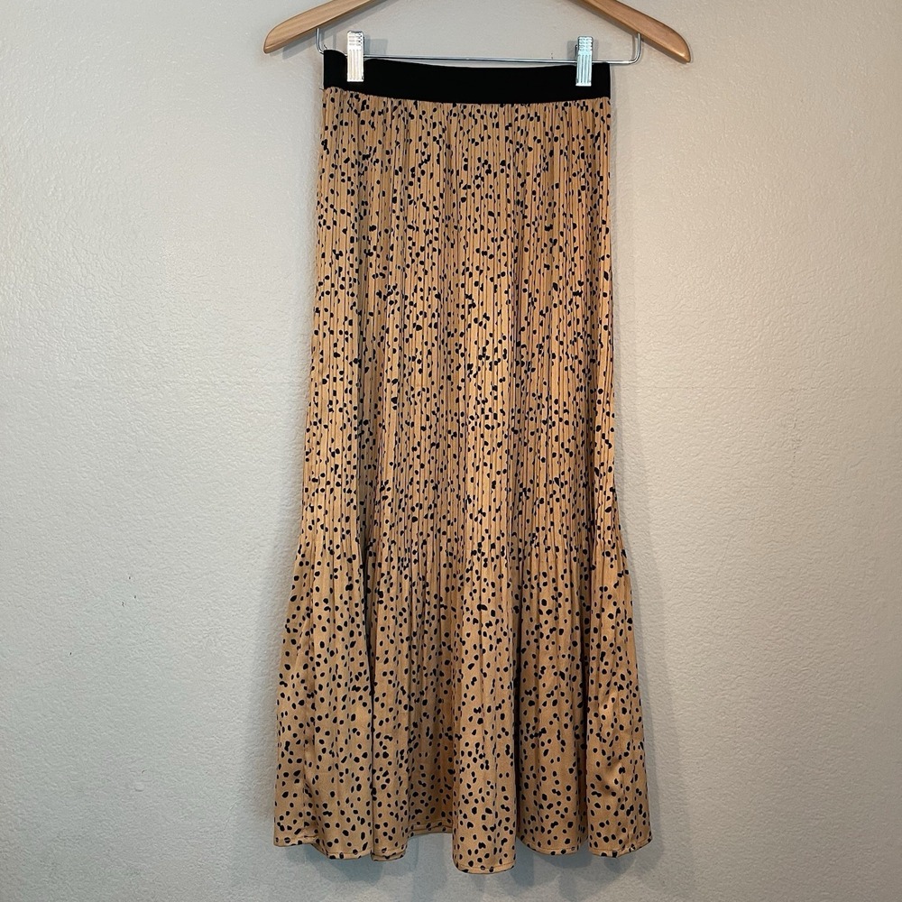 Womens Small Leopard Print Pleated Pull On Midi Skirt Black Elastic Waist Chic